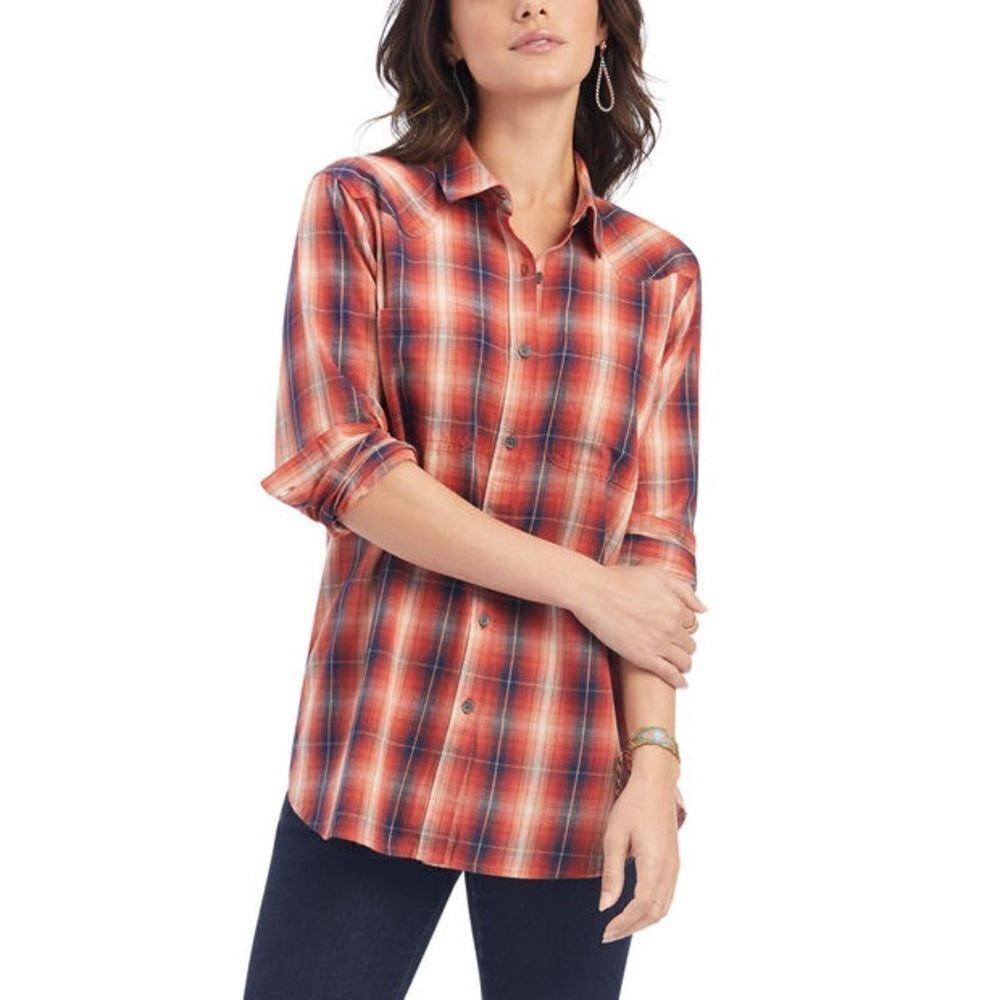 Ariat Shirt Women’s M Real Billie Rae Orange Plaid Relaxed Button Down Flannel